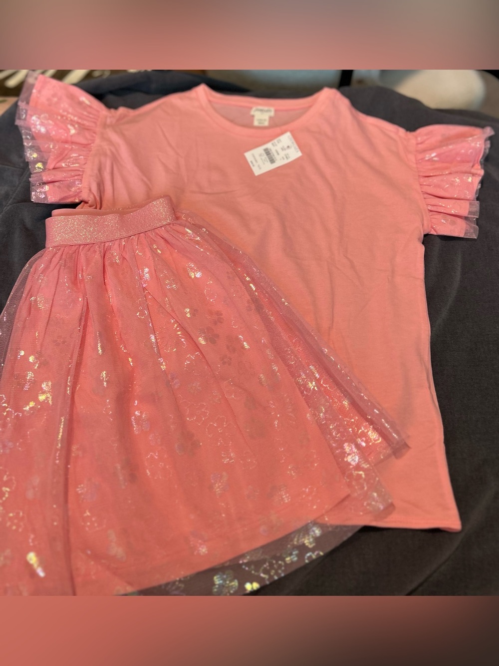 Crewcuts Peachy Pink Shimmer Tulle Skirt & Tee with Tulle detailing on sleeves